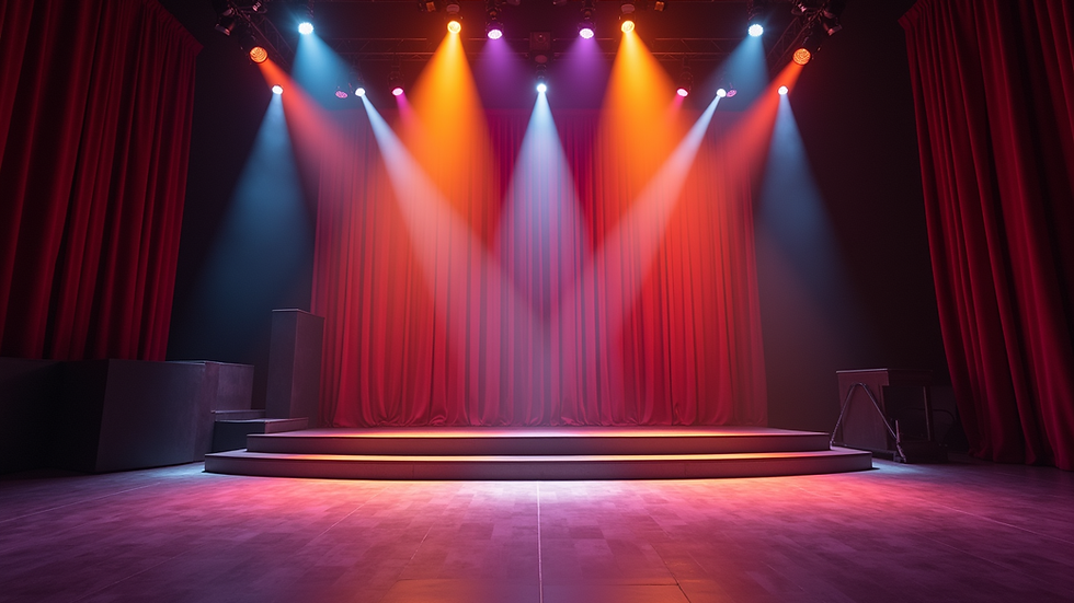 Eye-level view of a colorful stage set for a comedy show