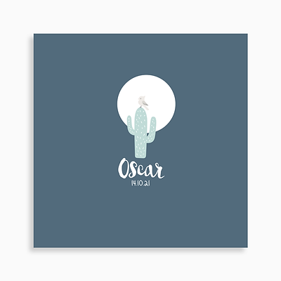faire-part de naissance oiseau perché sur cactus et lune pour garçon de couleur bleu foncé