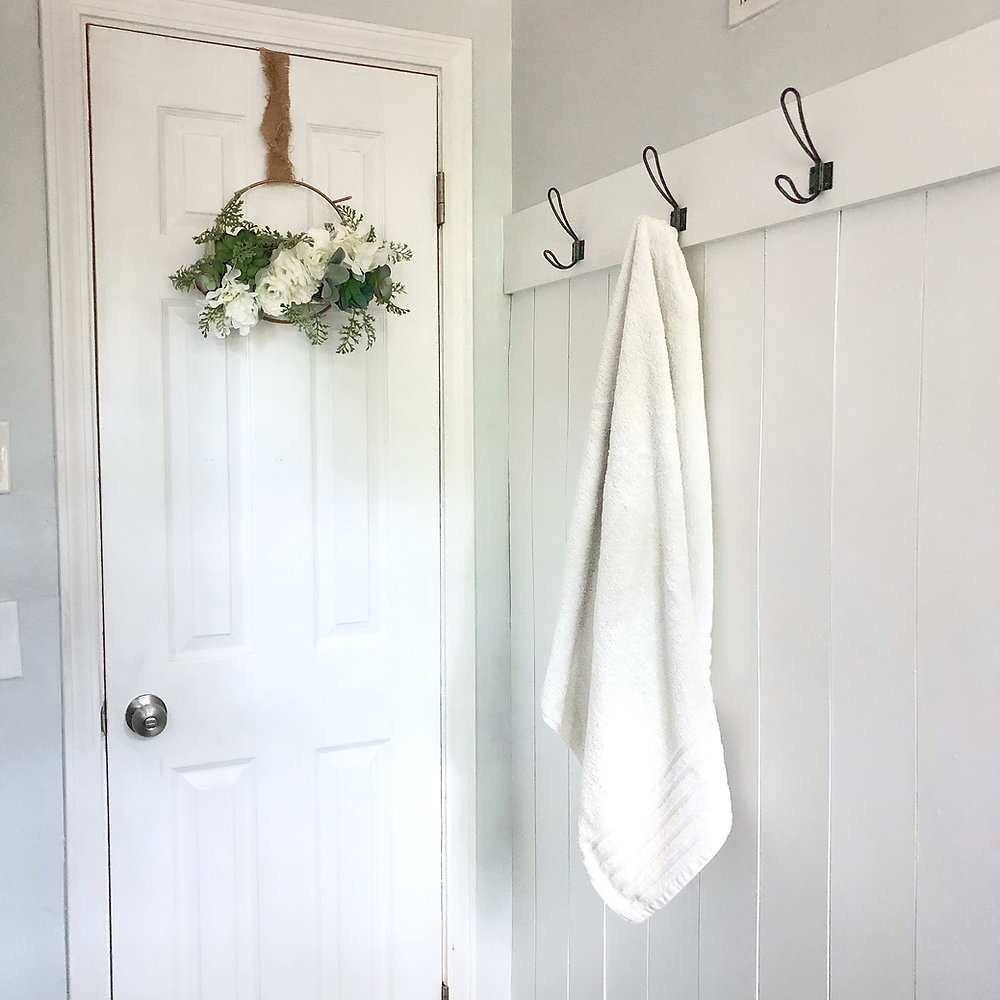 Faux Bathroom Shiplap with Farmhouse Towel Hooks