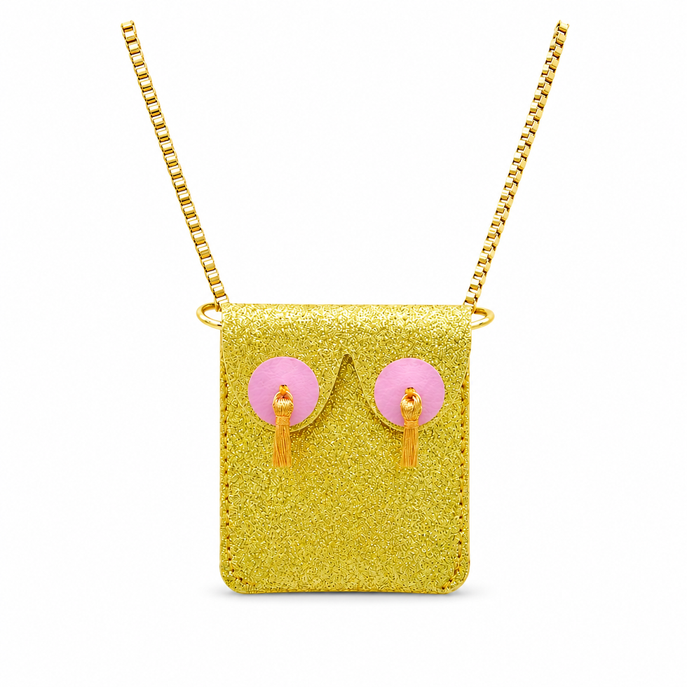 Thumbnail: Gold glitter boob purse necklace, with gold nipple tassels