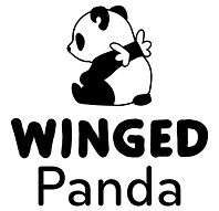 A side profile of a Panda that has wings on its back with words winged panda