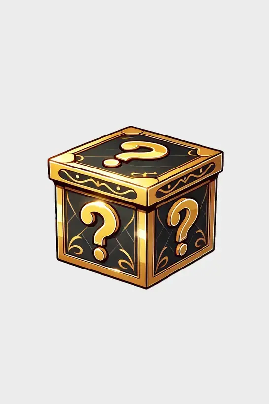 A Black mystery box with golden edges and golden question marks with a cartoon style