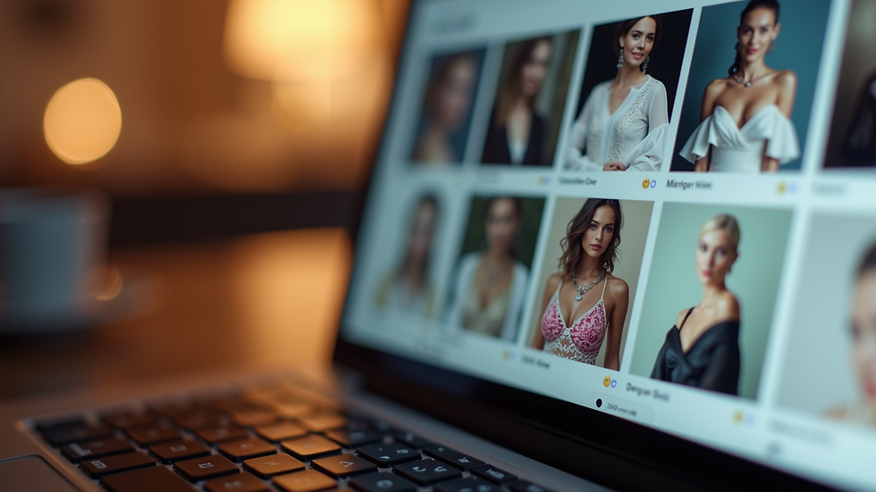 Close-up view of a laptop screen showing social media profiles of a jewelry brand