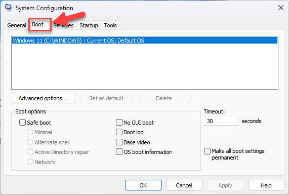 Switch to the Boot tab