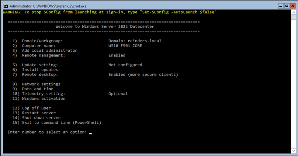 SConfig in Windows Server 2022 Core