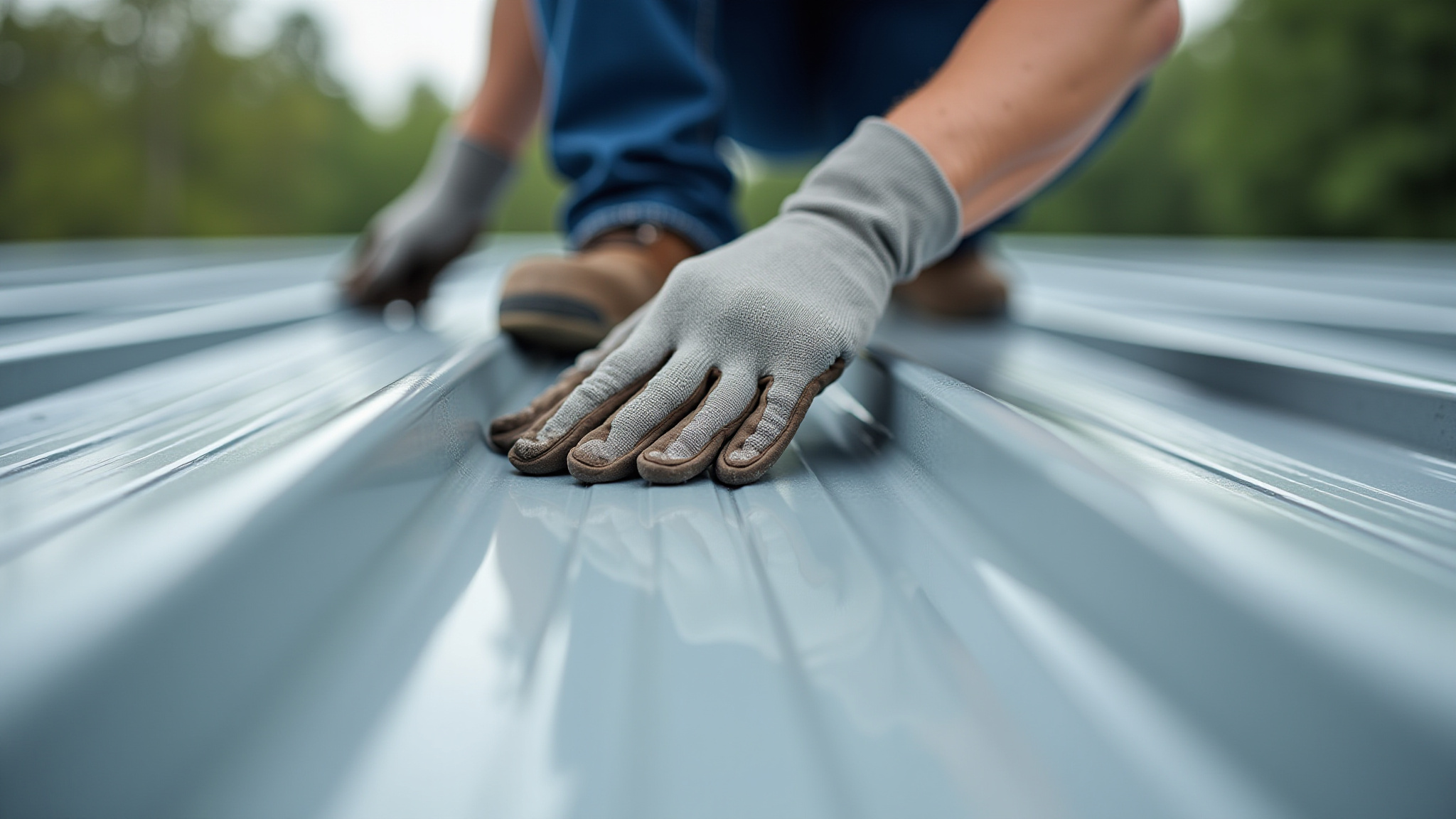 Hand wearing glove on the roof, detail shot, metal sheet, construction work.