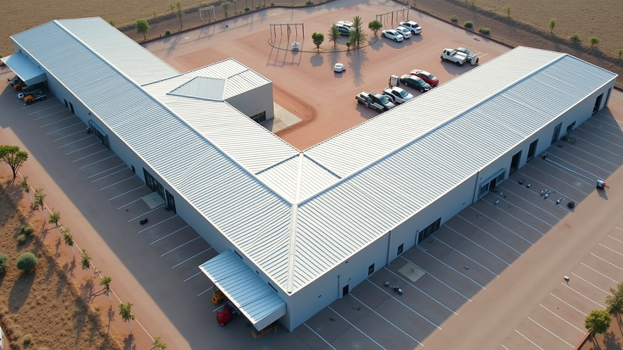 Aerial view of a modern building with metal roof.
