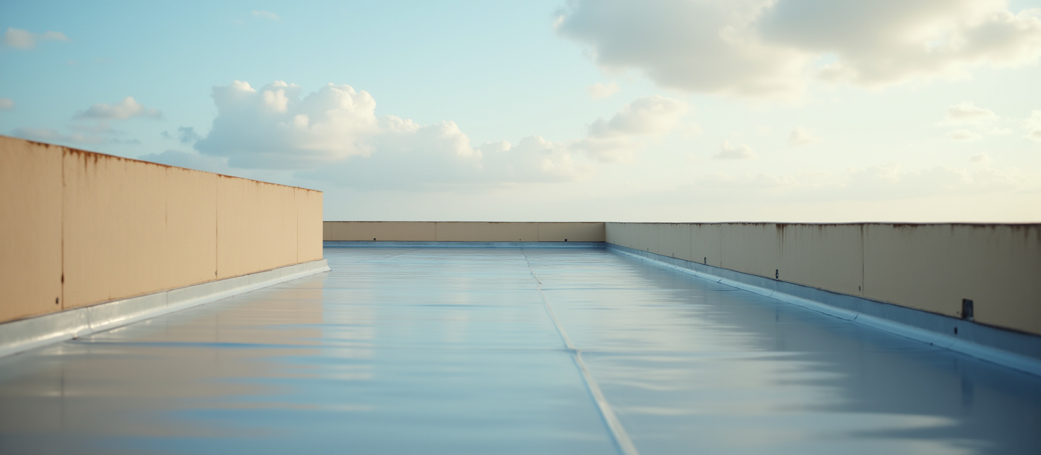 Blue rooftop with a view of cloudy sky and a building. Mysite