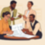 a midcentury style clean modern image of three CASUALLY DRESSED startup founders, one Blac