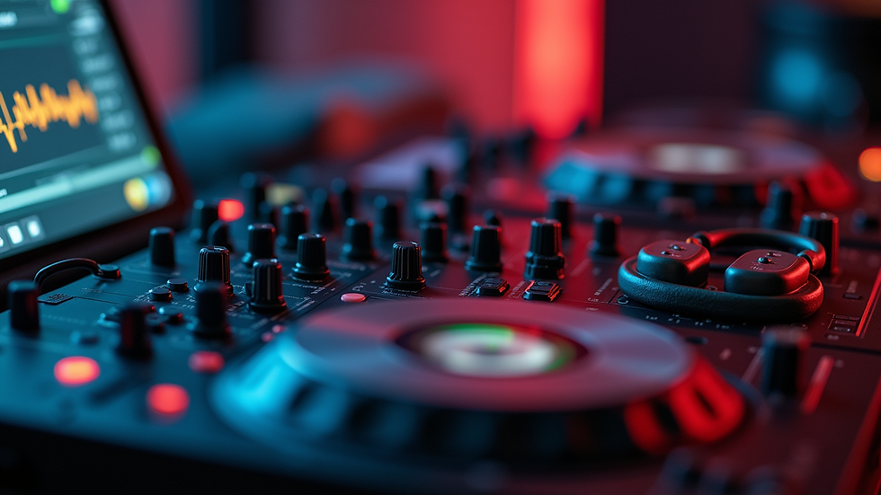 Plano detalle de equipo de DJ con mezcladora y auriculares