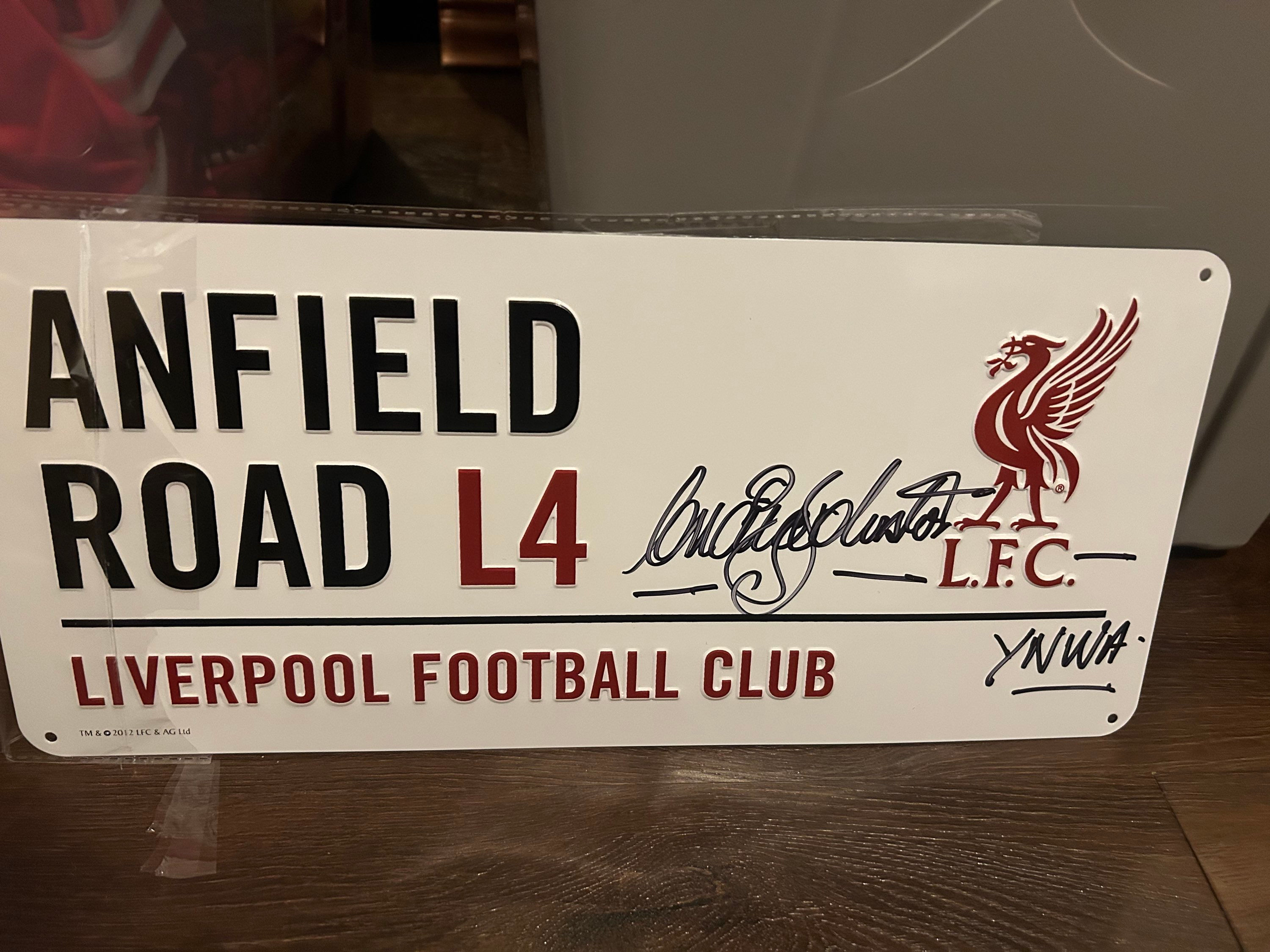 Craig Johnston signed liverpool white ‘Anfield Road’ sign