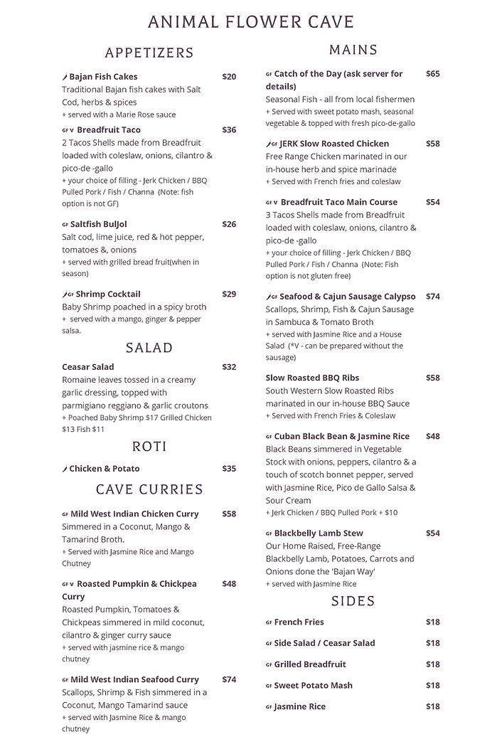 Menus Animal Flower Cave