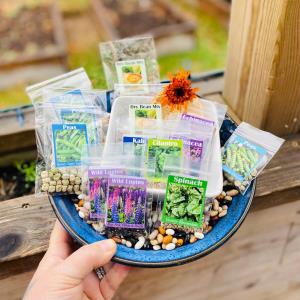 bowl with sachets of seeds 