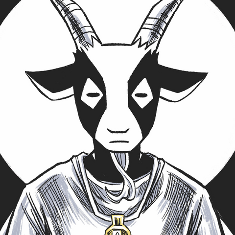 A close-up of a humanoid goat facing forwards with a bell hanging around his neck and moth wings on his back.
