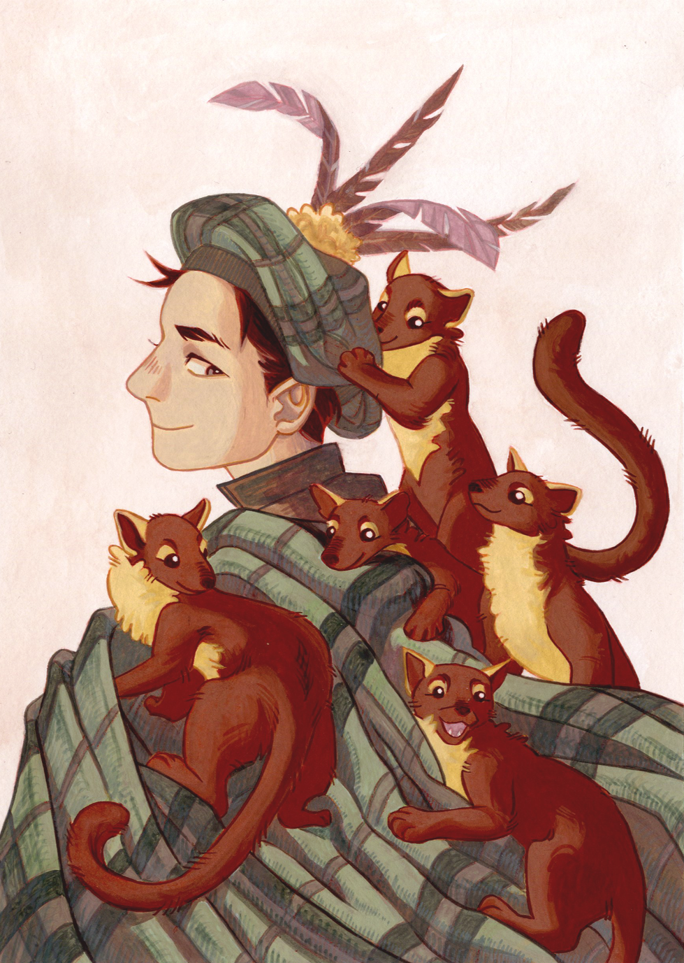 Man wearing tartan fabric covered in pine martens who are playing with his hat