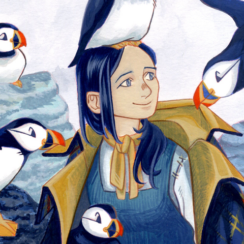 Close-up of a woman being dressed in tartan fabric by puffins.