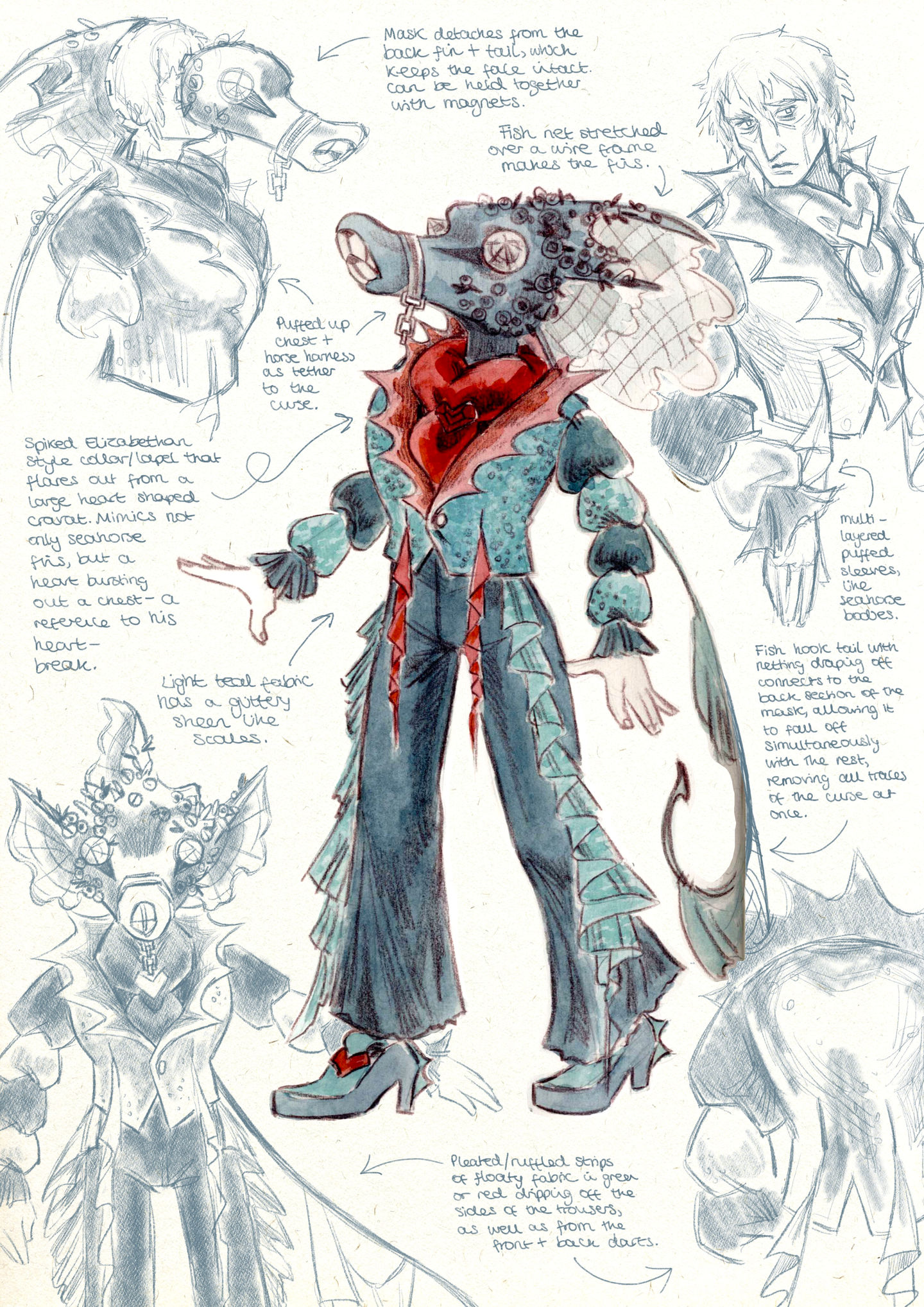 A costume design for a nautical King with a seahorse head and tail. His chest has a large cravat with spiked lapels to symbolise a broken heart.