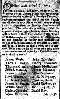Cotton and Wool Factory Weekly Raleigh Register April 2, 1813.png