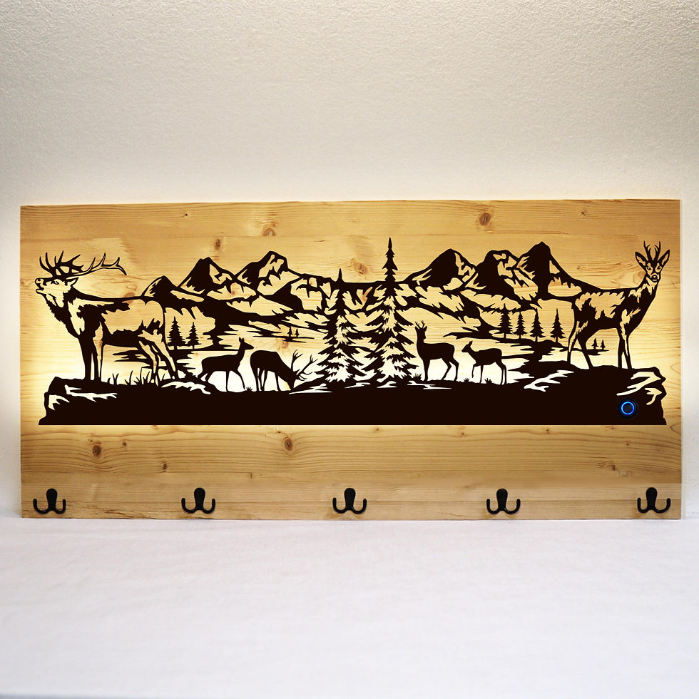 Thumbnail: Metallbild, Wandbild mit Beleuchtung, Blechbild, Silhouettenbild LED, Hirsch und Reh, Wildtiere, mit Garderobe Jäger