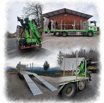 Auffahrrampen-Aufbau im Wechselsystem mit Forstkran, Konstruktion, LKW-Aufbau, Aluminiumrampen, Baumaschinentaxi