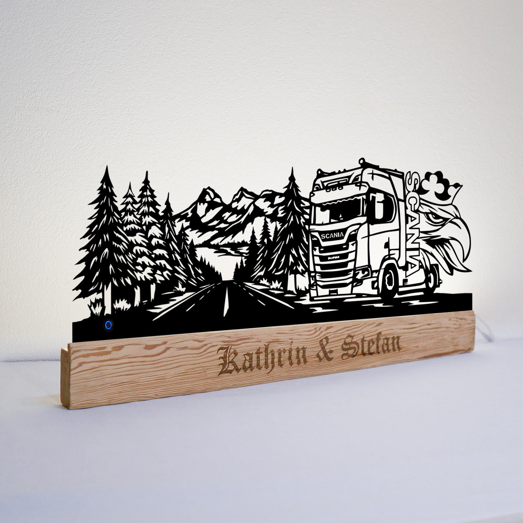 Metallbild, Wandbild mit Beleuchtung, Blechbild, Silhouettenbild LED, Scania LKW, Lastwagen, Geschenkidee personalisierbar