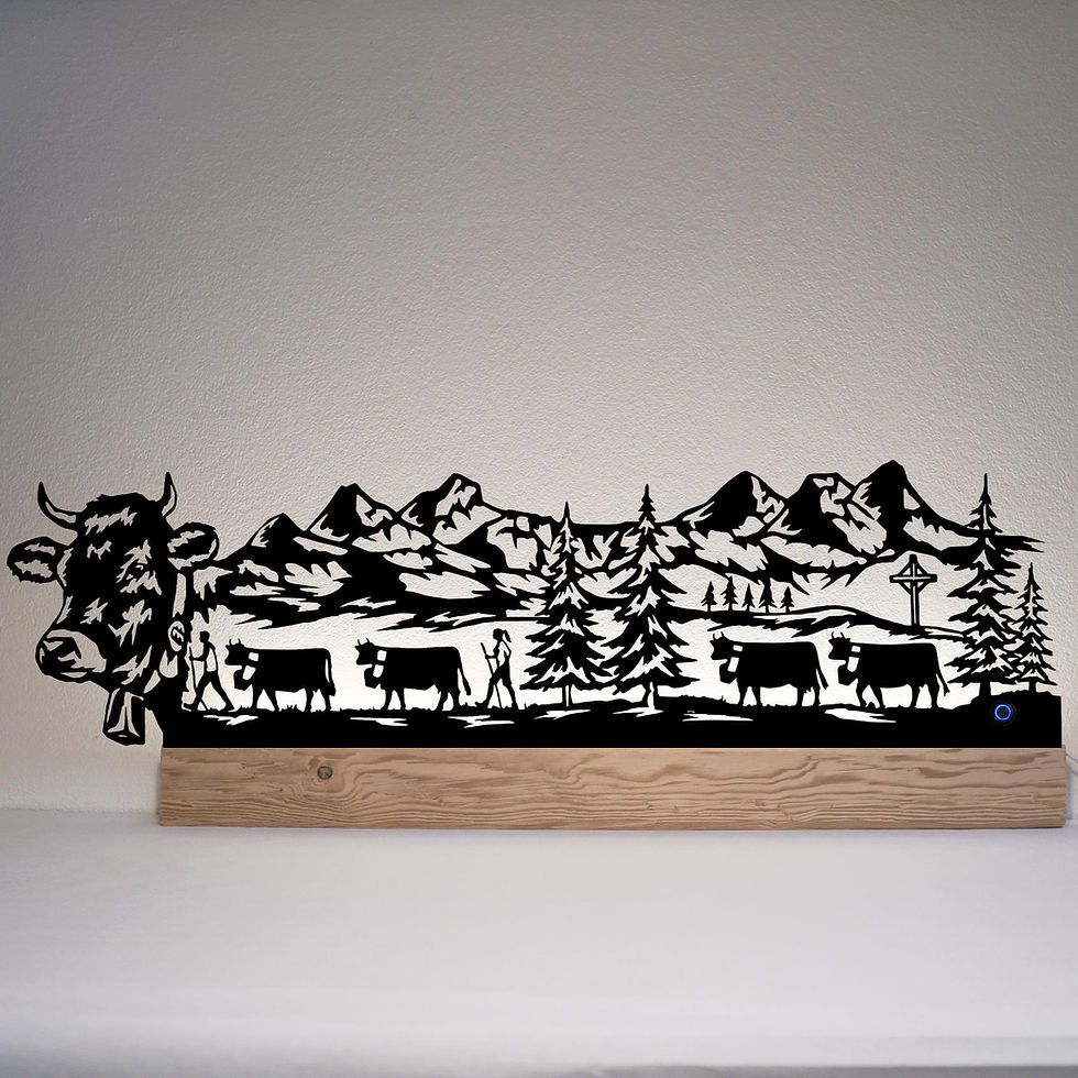 Miniaturbild: Metallbild, Wandbild mit Beleuchtung, Blechbild, Silhouettenbild LED, Alpabzug Silhouette, personalisierbar Geschenkidee