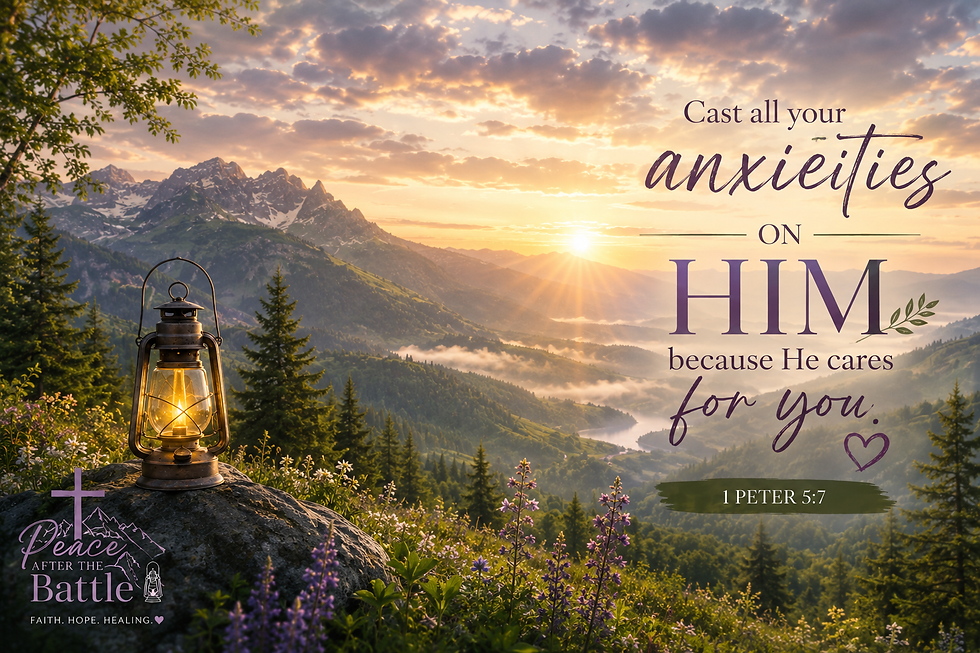 Mountain sunrise with Bible verse about faith and 1 Peter 5:7