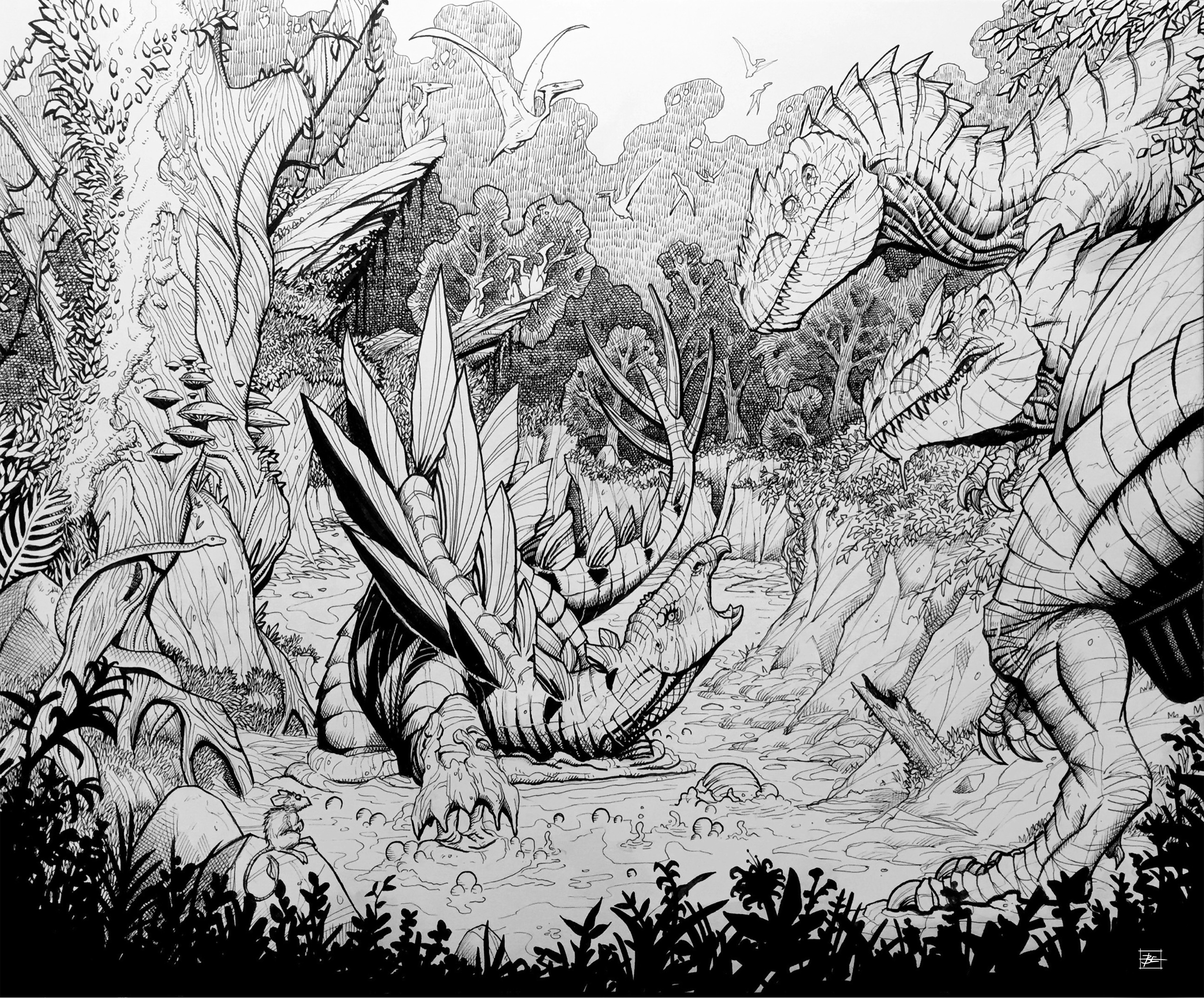 Allosaurus vs Stegosaurus Ink Sketch