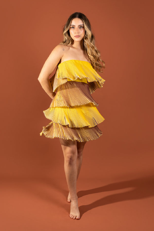 Mujer con vestido de alquiler corto (mini dress) marca SILVIA TCHERASSI