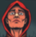 Illustrated person in a red hood looking up with intense expression. Dark cityscape background, muted colors, and etched patterns.