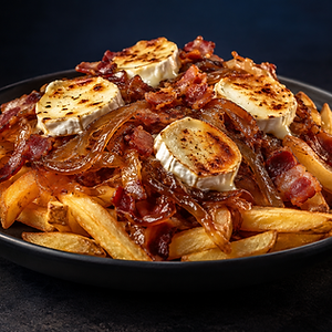 Patatas con cebolla caramelizada, bacon y queso de cabra