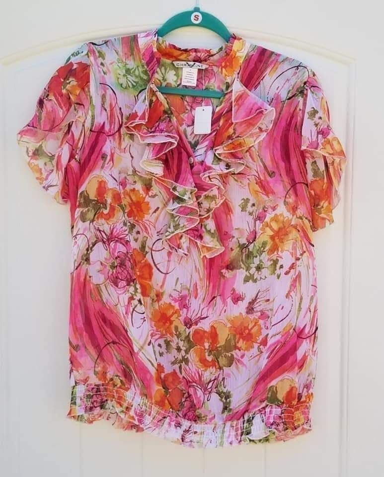 Thumbnail: Printed Chiffon Smocked Waist Ruffle Top