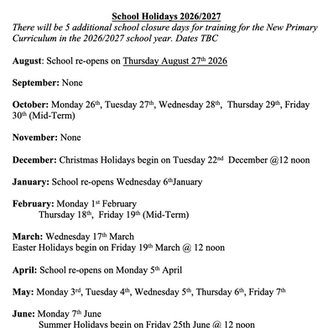 School Calendar 2026/2027