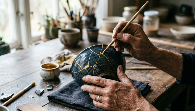 Close-up of two hands repairing a cracked ceramic bowl on a wooden table