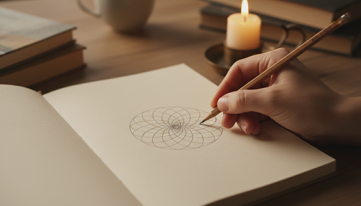 Close-up of a hand sketching a circular mandala in a blank journal.
