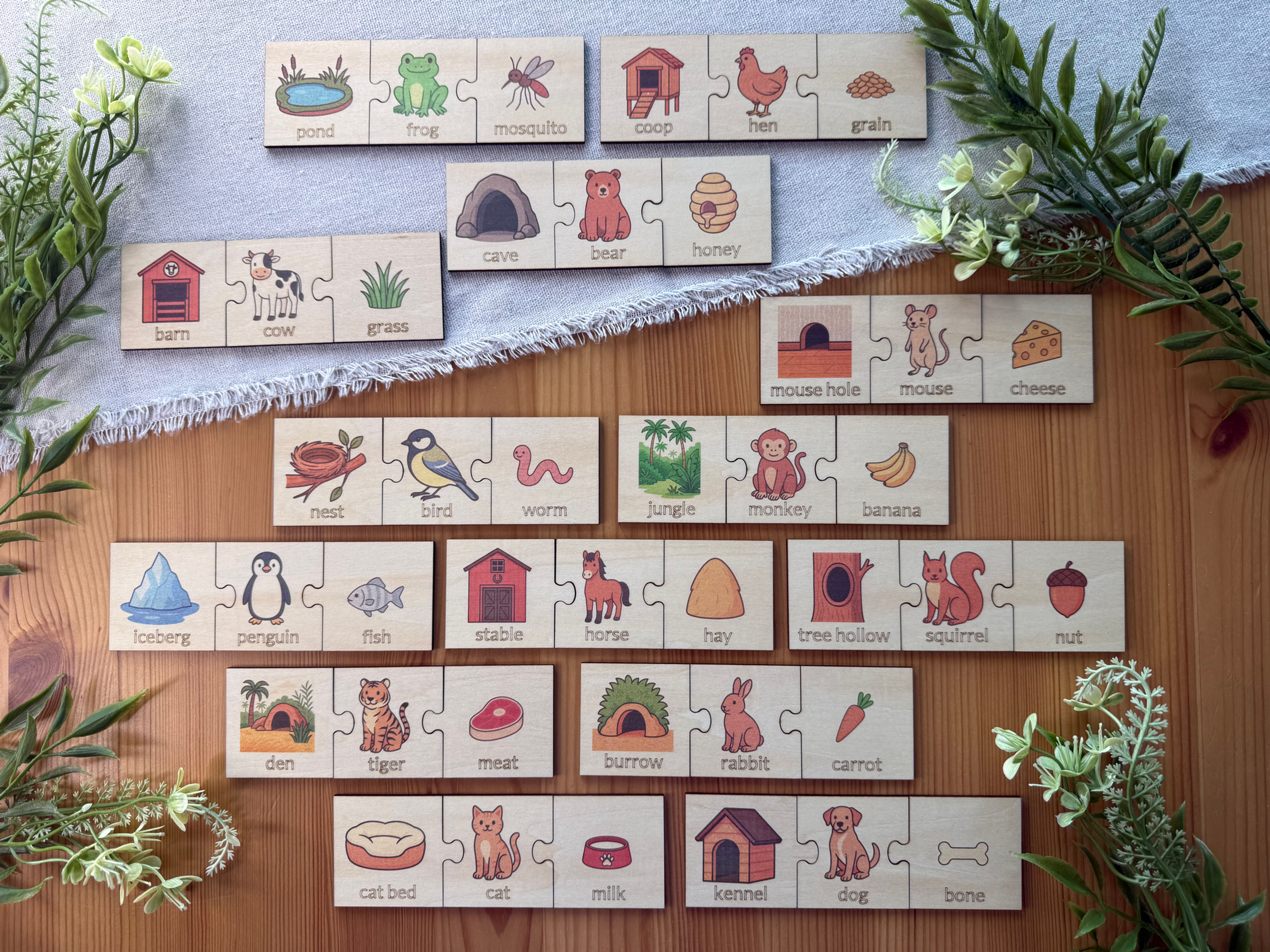 Wooden Animal Habitat and Food Puzzle