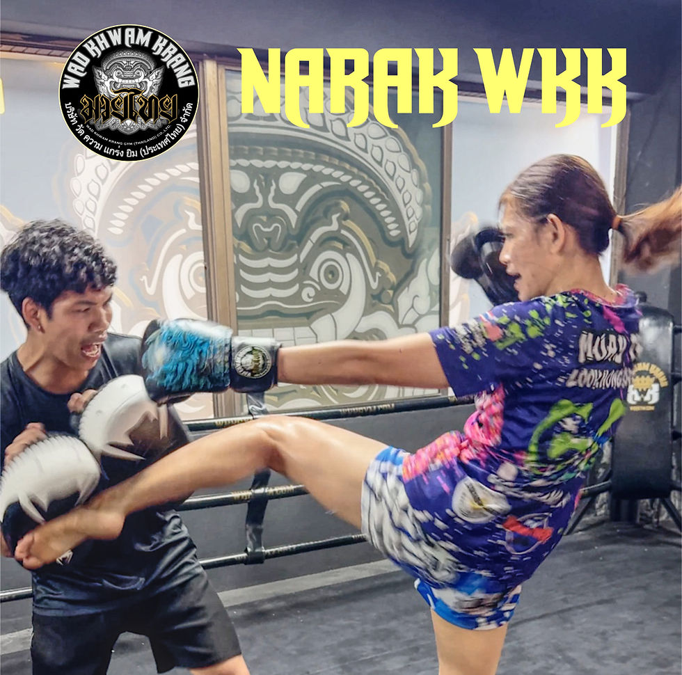 Narak from WKK Gym in a boxing gym with a male fighter holding pads. Narak delivers a high kick, the other blocks with gloves. Colorful mural, "Narak WKK" text in yellow. WKK Gym, Bangkok