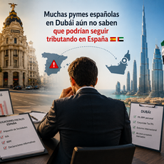 Empresarios internacionales analizando expansión empresarial entre España y Dubái desde oficina corporativa moderna