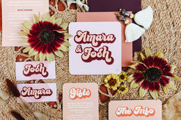 Retro inspired wedding invitation suite in a 70's boho colour scheme perfect for a festival style wedding outdoors.