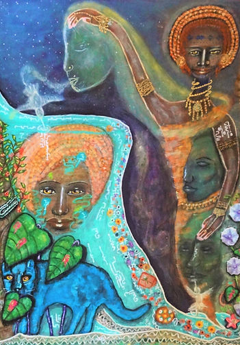 Reach-for-the-stars-blue-cat-goddess-ancestors-stars-hummingbird-plants&Jacirendi