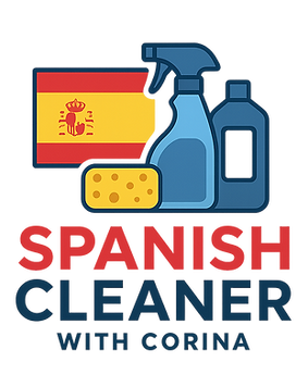 Spanish flag next to Bottle of Cleaning Product with name Spanish Cleaner With Corina