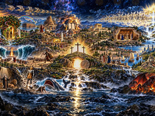The Age of Exaltation game board: twenty Bible scenes from the Garden to the city of light, with the empty tomb at the center