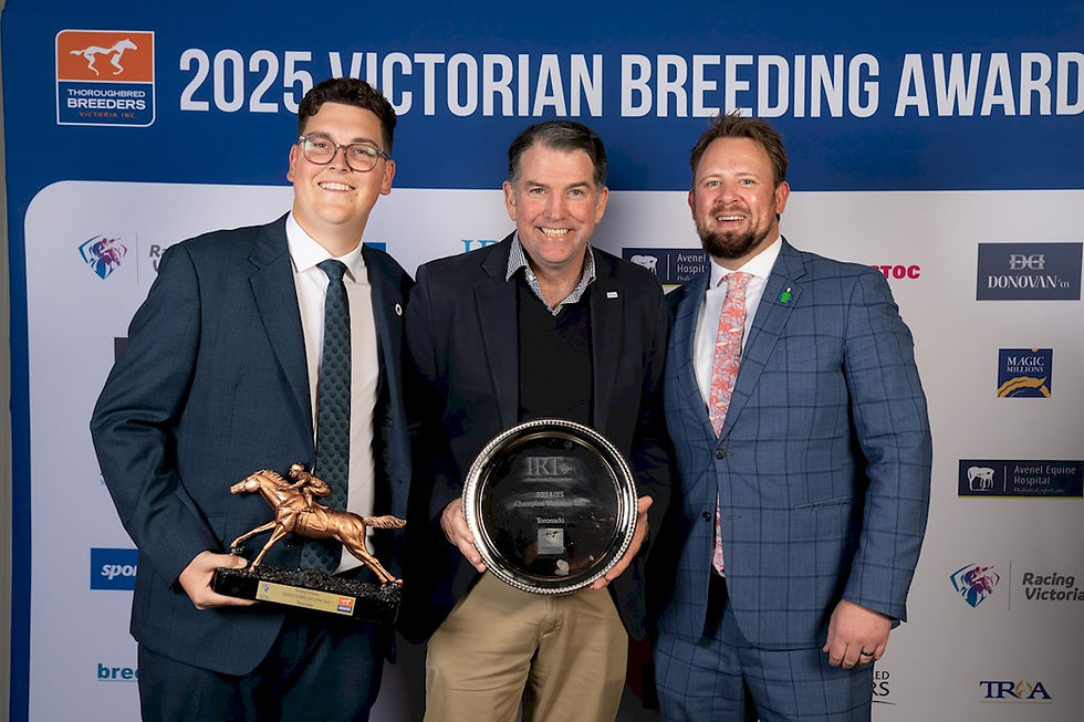 Marcus Heritage & Sam Matthews of Swettenham Stud with IRT's Chris Burke - Toronado (Swettenham Stud) was crowned the 2025 IRT Champion Victorian Sire and Racing Victoria VOBIS Sire of the Year at the 2025 Victorian Breeding Awards.