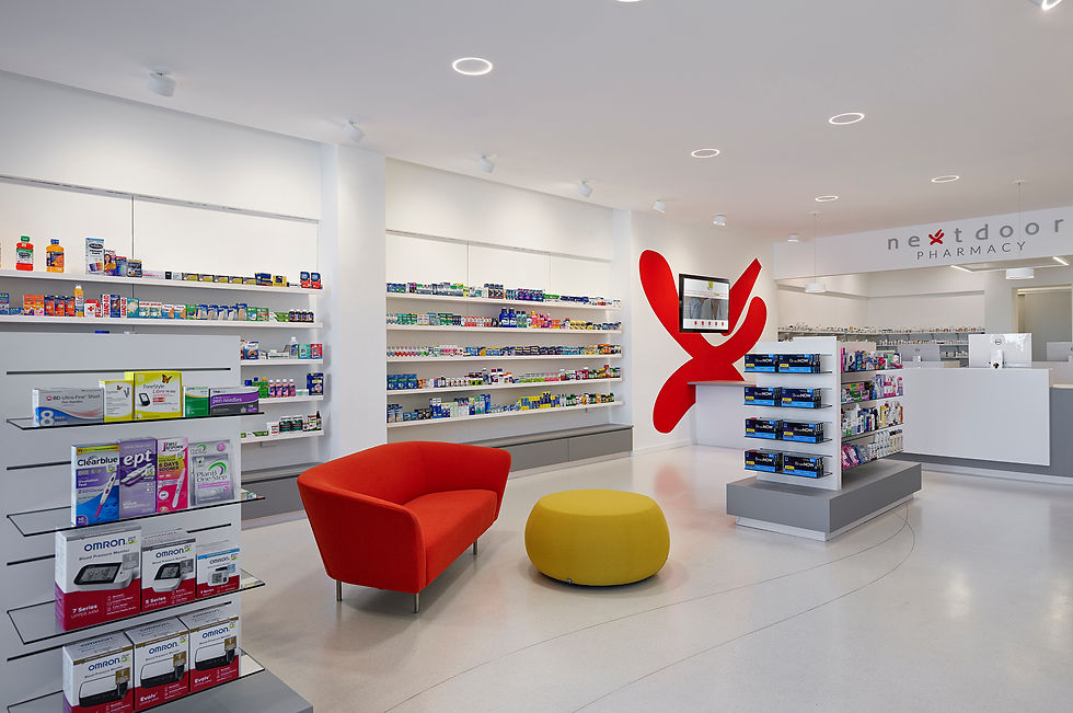 Wondering why a pharmacy needs to look and feel like every other pharmacy led Nextdoor to an epiphany. The independent Baltimore pharmacy focuses on delivering customized services, so they broke from the status quo to offer a unique, second to none experience.
Critical to this concept, the space offers a fresh take on the classic typology of the pharmacy by dissolving the delineation between over-the-counter and prescription areas. Visual connectivity between pharmacists and patients facilitates the mission to provide friendly, fast and personalized service.
The minimalist architecture of the store declutters the otherwise busy visual impact of the many displayed products. A playful yet simple lighting scheme, a customized micro terrazzo floor and floating millwork complete the look and feel.
This pharmacy project includes components of retail, workplace and healthcare programs under one small efficient footprint.
