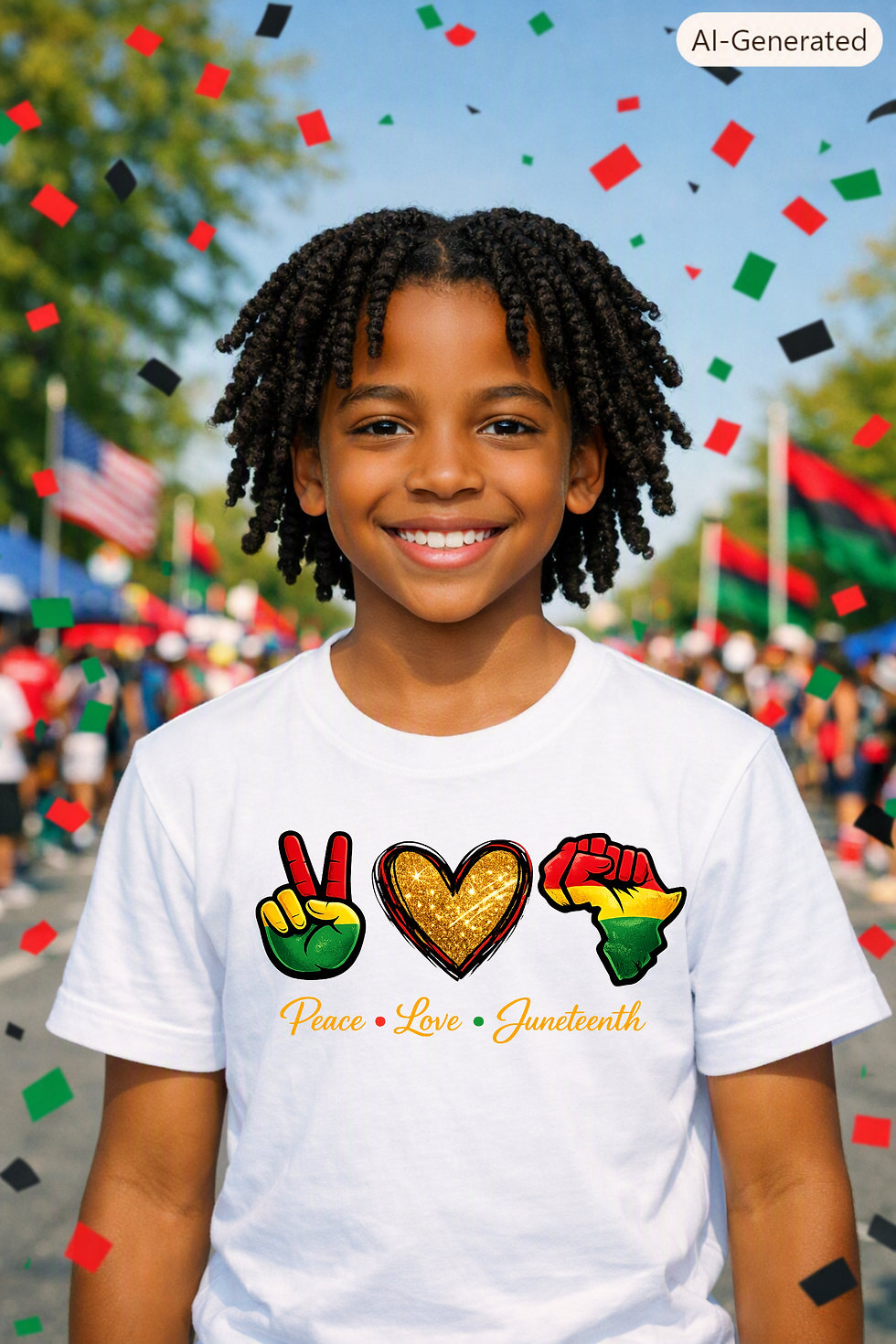 A peace sign, a glittery gold heart, and a fist shaped like Africa, all in Pan-African colors, above Peace Love Juneteenth.