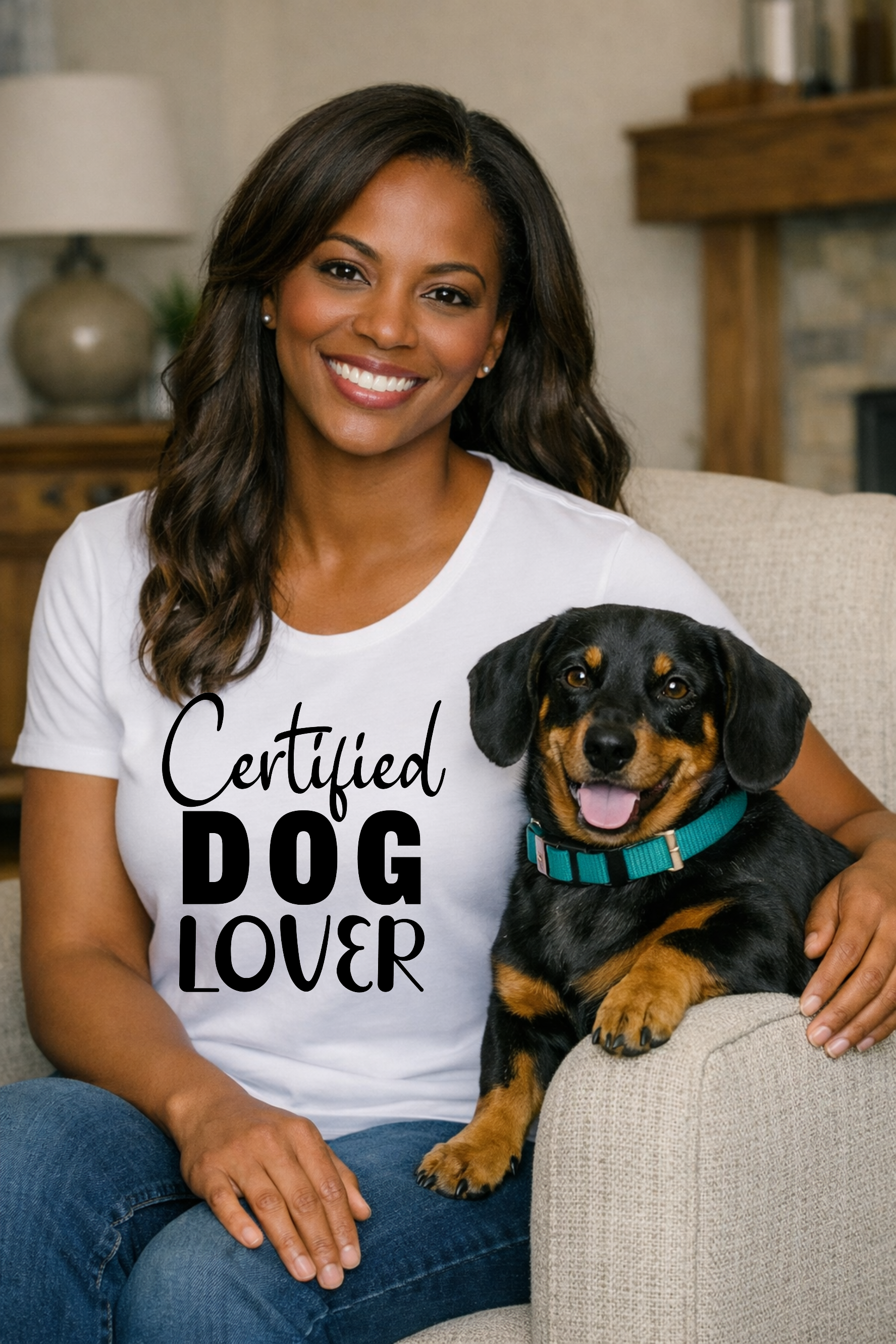 Woman wearing a white Certified Dog Lover T-shirt