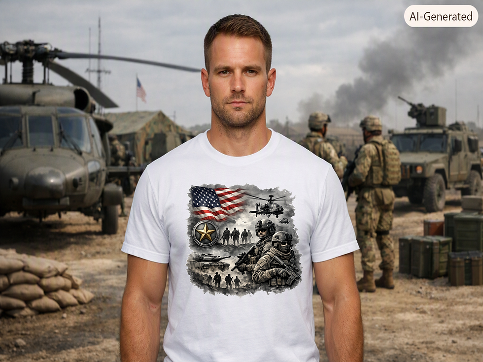 A Military American Flag Gold Star Collage T-Shirt featuring soldiers, military vehicles, helicopters, and American flag