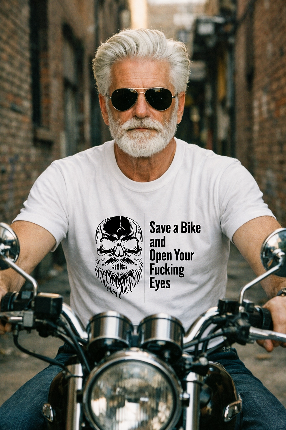 Save a Bike and Open Your Fucking Eyes Skull Biker T-Shirt with skull graphic and motorcycle awareness message