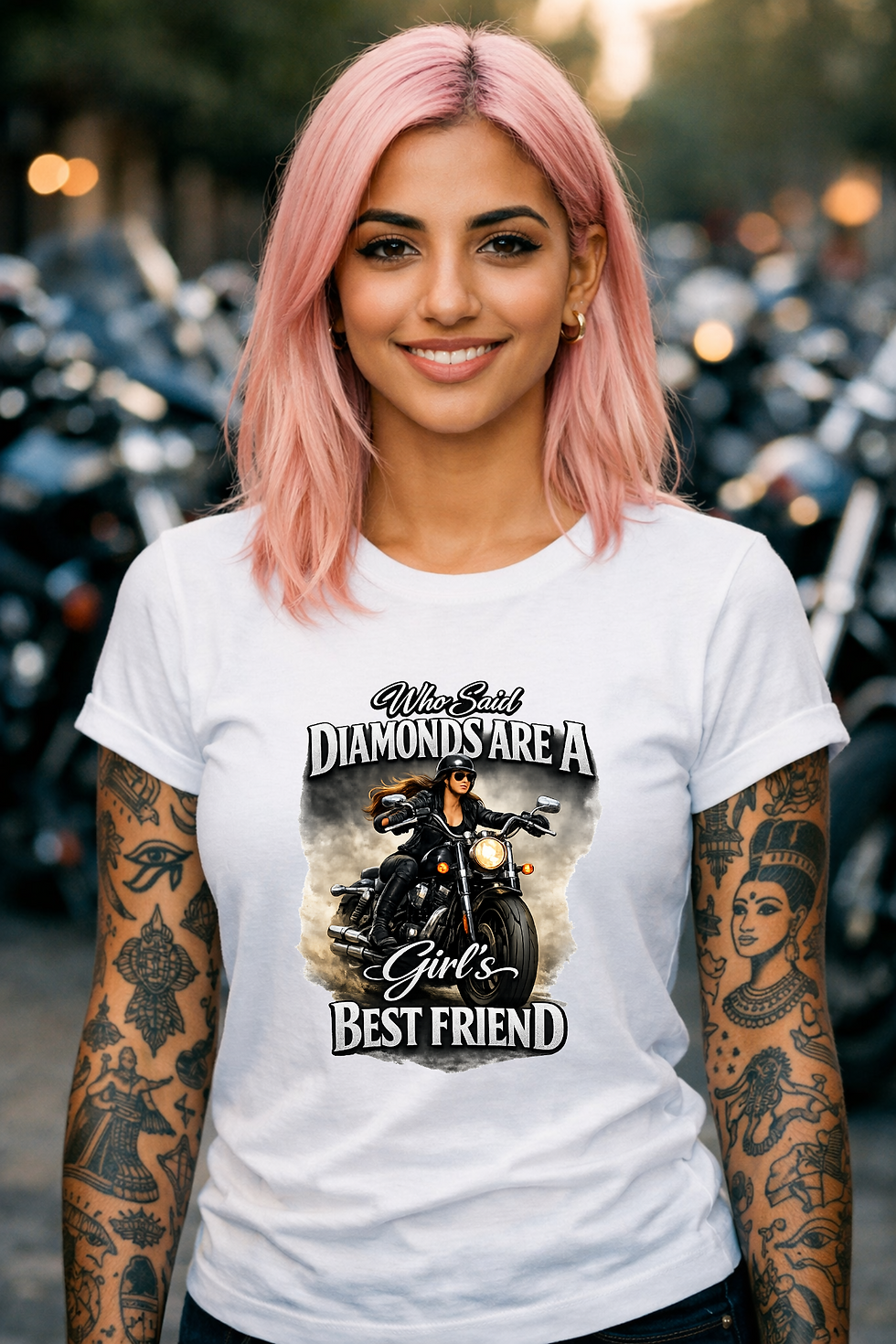 Who Said Diamonds Are a Girl's Best Friend Motorcycle T-Shirt featuring a woman riding a motorcycle