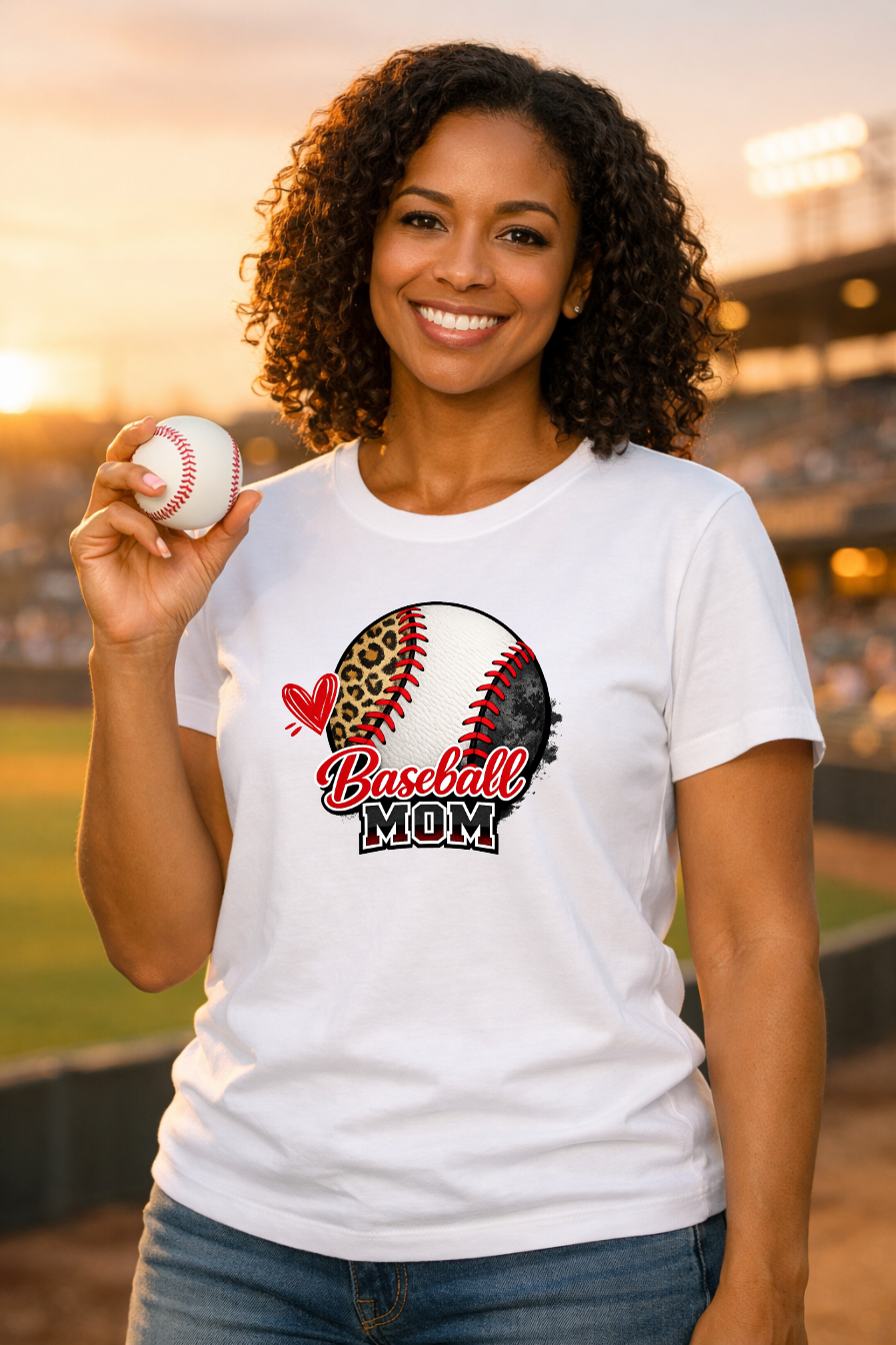 A large baseball with red laces featuring leopard print, a grunge textured side, a red heart, and text reading Baseball MOM.